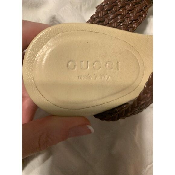 Gucci Authentic Brown Beige Leather Braided Medium Heel Sandals Slides 7 C - Picture 7 of 8